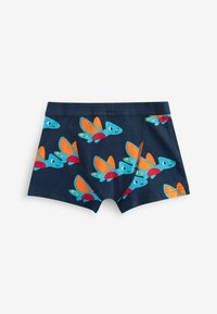 Boxers en coton bleu avec un motif de poissons ludiques aux ailes orange et aux accents rouges, sur un fond marine.