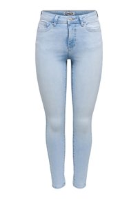 Μακριά στενά τζιν σε ανοιχτό μπλε χρώμα κατασκευασμένα από denim. Διαθέτουν ψηλή μέση, σχεδιασμό με 5 τσέπες και διακριτικές λεπτομέρειες ραφής. Κλασικό κλείσιμο με κουμπί.