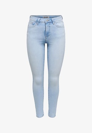 Light blue skinny jeans made from denim. Features a high waist, 5-pocket design, and subtle stitching details. Classic button closure.