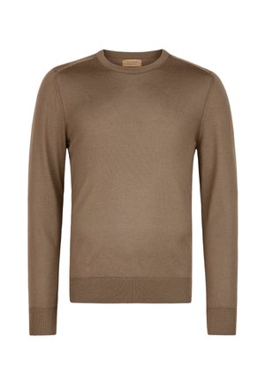 Brauner Langarm-Pullover mit Rundhalsausschnitt, gerippten Bündchen und Saum, gefertigt aus feinem Strickstoff.