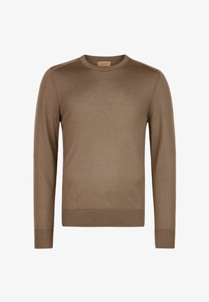 Brauner Langarm-Pullover mit Rundhalsausschnitt, gerippten Bündchen und Saum, gefertigt aus feinem Strickstoff.