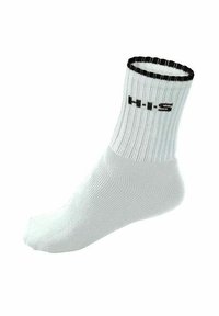 Weißer Sportsocke mit geripptem Muster, schwarzem Streifen oben und schwarzem Logo an der Seite. Knöchellanges Design für aktive Freizeitbekleidung.