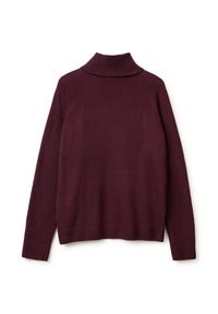 Burgundowy sweter z golfem, wykonany z miękkiej dzianiny. Posiada ściągacze na rękawach, wysoki kołnierz oraz luźny krój z raglanowymi rękawami.