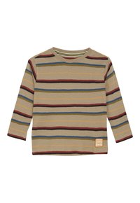 Langärmeliges, beiges Hemd mit gestreiften horizontalen Linien in Rot, Blau, Gelb und Grün. Es hat einen kleinen "Good Times"-Logo-Patch am Saum.