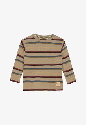 Lange mouw, beige gestreept shirt met horizontale lijnen in rood, blauw, geel en groen. Bevat een klein "Good Times" logo op de onderkant.