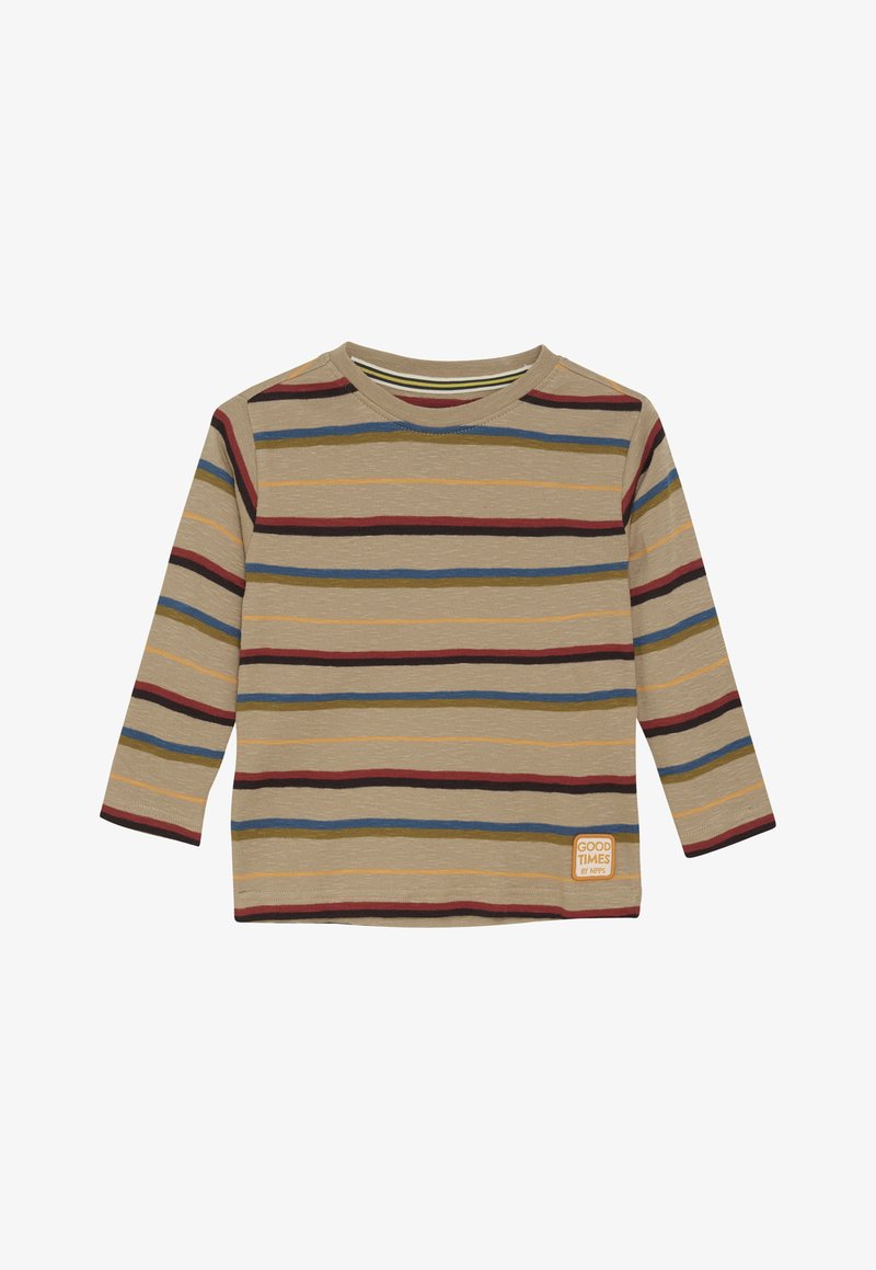 Camicetta a maniche lunghe, beige a righe con linee orizzontali in rosso, blu, giallo e verde. Presenta un piccolo patch con il logo "Good Times" nella parte inferiore.