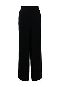 Zwarte wijde broek met een soepele textuur, hoge taille en zonder zichtbare sluitingen of zakken. De stof lijkt licht en vlot.