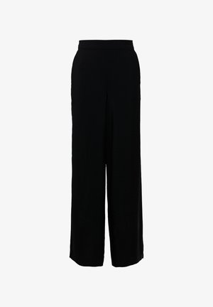 Mustat leveälahkeiset housut, joissa on sileä pinta, korkea vyötärö ja ei näkyviä kiinnityksiä tai taskuja. Kangas näyttää kevyeltä ja virtaavalta.