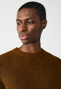 Brauner, gerippter Strickpullover mit Rundhalsausschnitt, der ein strukturiertes Muster aufweist. Das Material wirkt weich und schwer, was die Wärme verstärkt.