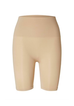 Beige strækshorts med høj talje og glat tekstur, designet til komfort og en tætsiddende silhuet.