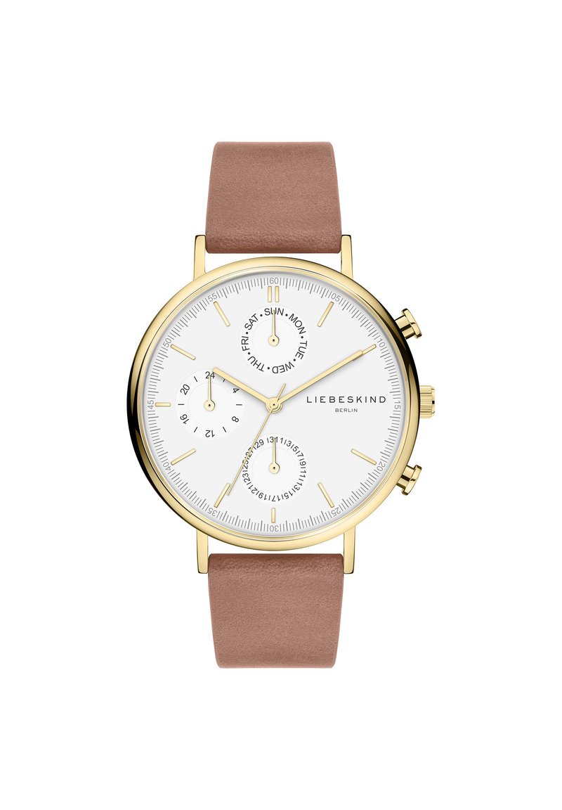 Goudkleurig horloge met een witte wijzerplaat en een bruine leren band. Kenmerken zijn onder andere drie subdials en duidelijke uurmarkeringen voor een gemakkelijke leesbaarheid.