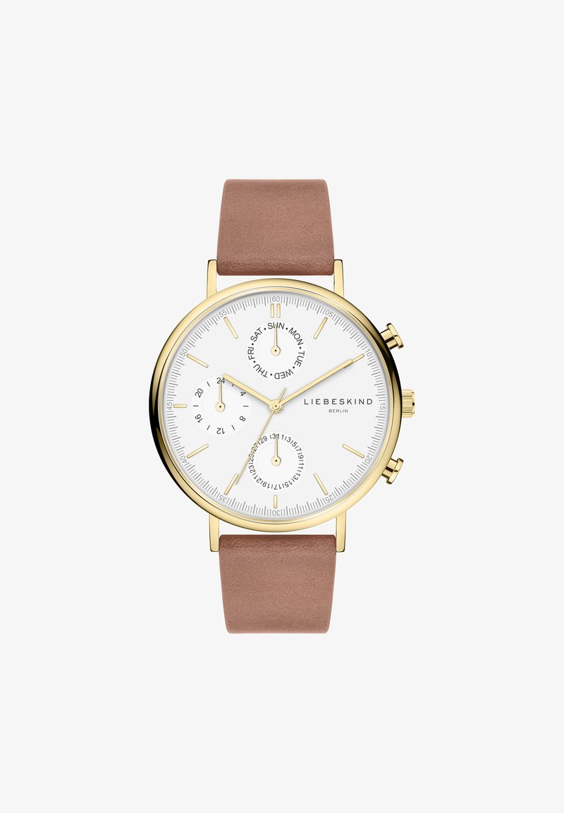 Goudkleurig horloge met een witte wijzerplaat en een bruine leren band. Kenmerken zijn onder andere drie subdials en duidelijke uurmarkeringen voor een gemakkelijke leesbaarheid.