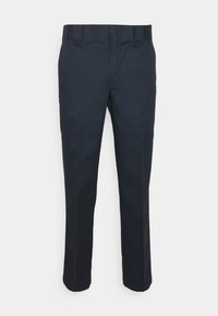 Navy blue trousers made from a smooth fabric, featuring a regular fit, straight legs, and a standard waistband with belt loops.