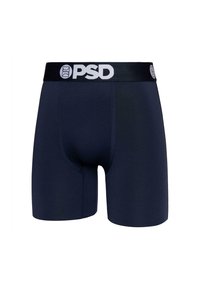 Navy plave bokserice s glatkom teksturom i prozračnim mrežnim panelom. Imaju crni pojas s bijelim "PSD" logotipom.