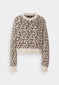Beige, gekürzter Pullover mit einem Leopardenmuster in braunen und schwarzen Tönen. Mit gerippten Bündchen und Saum sowie einem runden Halsausschnitt.