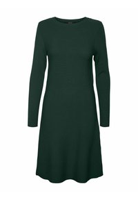 Robe mi-longue à manches longues en tissu côtelé vert foncé avec un col rond et un ourlet évasé. Aucun motif ou accent visible.