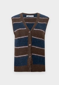 Hnedo-modrý pruhovaný bezrukávový sveter na zapínanie s výstrihom do V, s piatimi gombíkmi vpredu a mäkkým, textúrovaným materiálom.