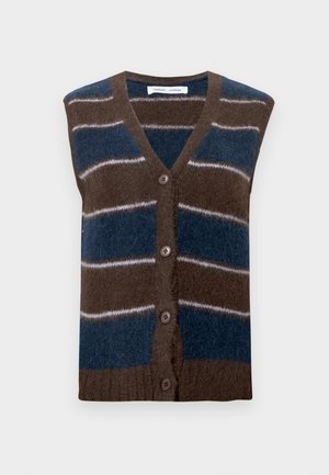 Braun-blau gestreifte ärmellose Strickjacke mit V-Ausschnitt, fünf Knöpfen vorne und weichem, strukturiertem Material.