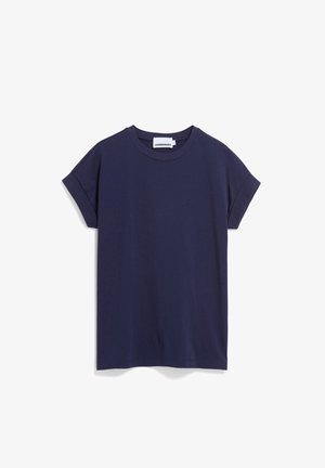 T-shirt blu navy in cotone con vestibilità comoda, maniche risvoltate e piccolo logo sul petto. Tessuto liscio e scollo classico a girocollo.