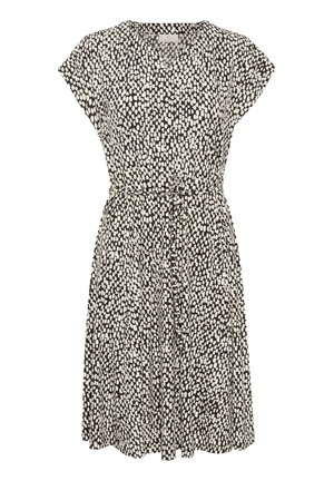 Black and white short-sleeve dress with a v-neck, cinched waist, and a loose skirt featuring a polka dot pattern. Lightweight fabric.