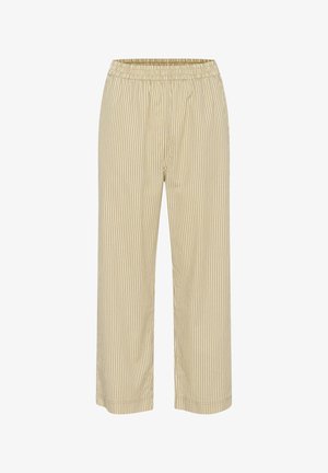 Világos sárga csíkos, bő szárú nadrág, elasztikus derékkal. Puha anyag függőleges csíkokkal, laza sziluettel.