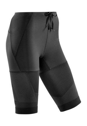 Black athletic shorts with a tight fit, smooth fabric, textured side panels, and a drawstring waist. Features logo detailing on the front.