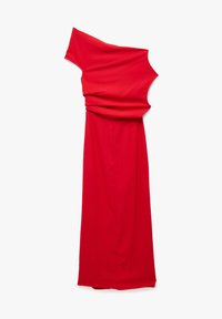 Rotes, einseitig trägerloses Kleid mit gerafftem Design an der Taille, das bodenlang geschnitten ist und aus sanftem Stoff besteht.