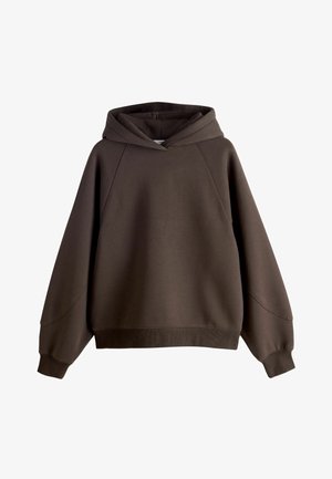 Brown hooded sweatshirt with a relaxed fit, raglan sleeves, and textured fabric. Features a large hood and ribbed cuffs and hem.
