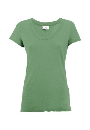 T-shirt verde in cotone con maniche corte e scollo a V. Presenta una superficie testurizzata e un piccolo logo decorativo sull'orlo.