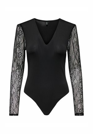 Body moulant noir avec décolleté en V et manches longues en dentelle florale transparente sur fond blanc.