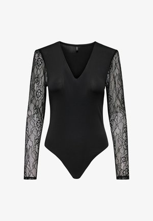 Sort tætsiddende bodysuit med V-hals og lange, transparente ærmer i blomsterblonde på hvid baggrund.