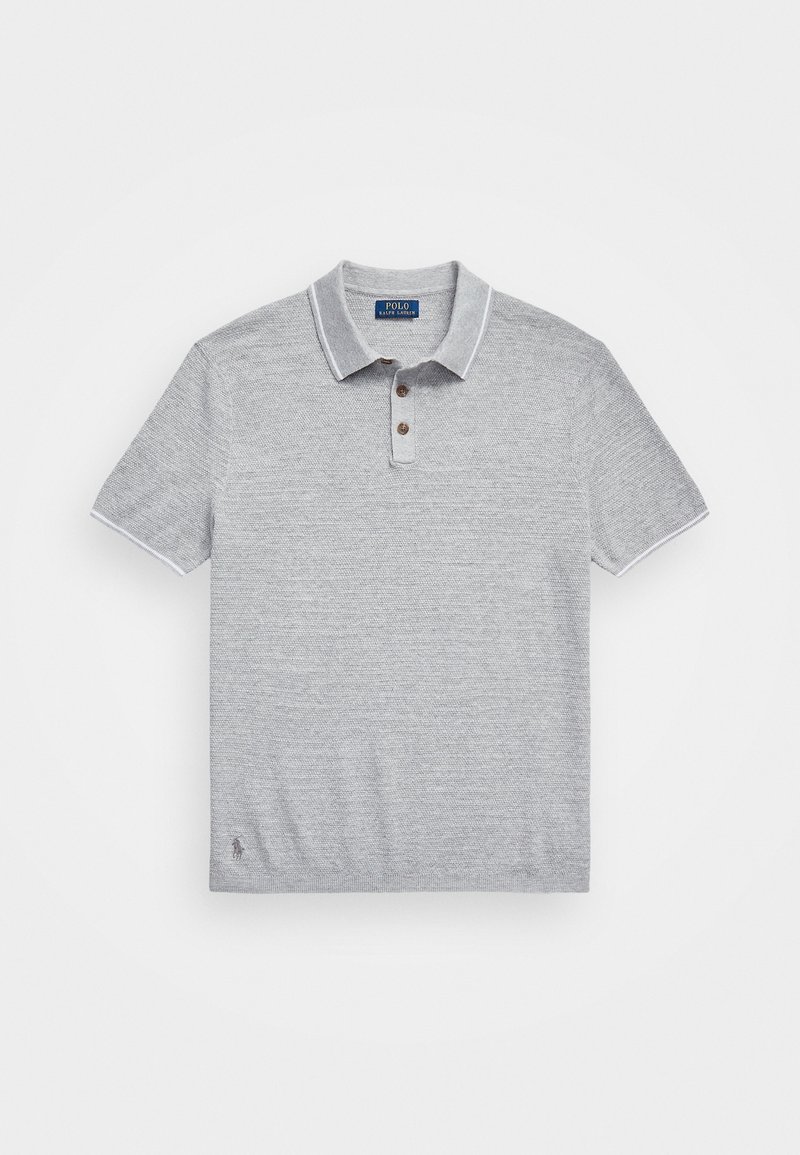 Gray polo shirt made of textured fabric, featuring a three-button placket, contrasting collar, and small logo detail at the hem.