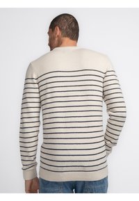 Beige knit sweater with navy horizontal stripes, long sleeves, crew neck, and ribbed cuffs. Soft texture and casual fit. Minimalist design.