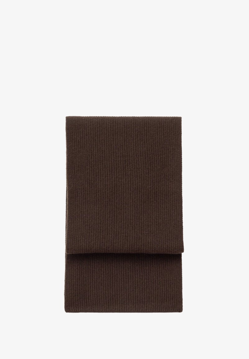Brown ribbed fabric rectangular scarf, featuring a folded design with a soft texture, suitable for warmth and style.