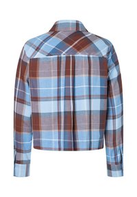 Karohemd in Blau-, Brauntönen und Hellblau. Leichtes Stoffmaterial, kurzes Design, lange Ärmel, mit Knopfmanschetten und einem Rückeneinsatz.