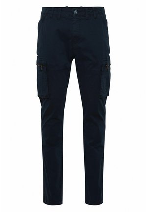 Pantalons cargo marine en tissu mélangé de coton. Comprend plusieurs poches, une poche latérale zippée et des accents cousus au niveau des genoux.