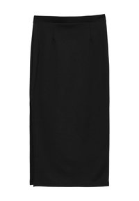 Jupe crayon noire en tissu doux, longueur genou avec une coupe droite, présente une fente sur le côté et de subtils plis à la taille.