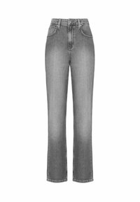 Grå denimjeans med hög midja, rak benmodell, två framfickor och en subtil blekt textur. Har knäppning med knappar och bälteslinningar.