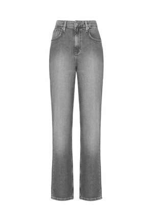 Gray denim jeans with a high waist, straight leg design, two front pockets, and a subtle faded texture. Features a button fly and belt loops.