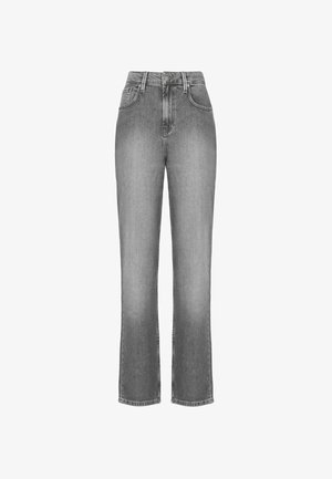 Gray denim jeans with a high waist, straight leg design, two front pockets, and a subtle faded texture. Features a button fly and belt loops.