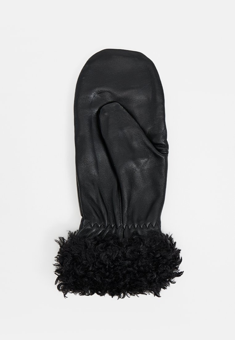 Czarna skórzana rękawiczka z puszystym czarnym futrzanym mankietem. Charakteryzuje się okrągłym kształtem i marszczeniami przy nadgarstku, zapewniającymi dopasowane miejsce.