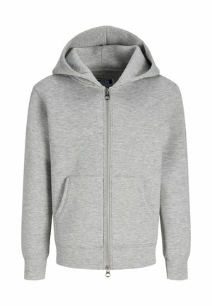 Sweat à capuche zippé gris clair avec poches kangourou, présenté sur fond blanc uni.