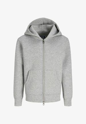 Sweat à capuche zippé gris clair avec poches kangourou, présenté sur fond blanc uni.
