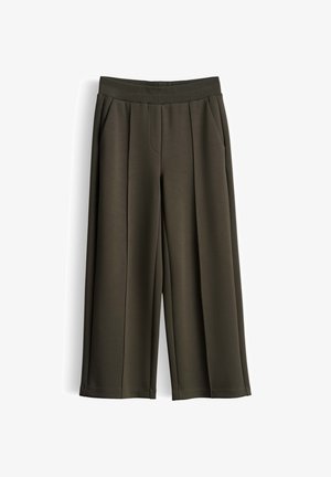 Weit geschnittene dunkelolivgrüne Hose mit elastischem Bund und vorderen Falten aus glattem, leicht strukturiertem Stoff.