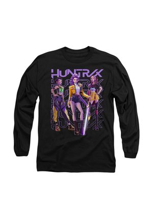 Long-sleeve black shirt featuring a graphic of three stylized figures in vibrant colors with the text "HUNTRX" in purple and white.
