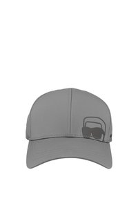 Casquette de baseball grise avec un petit graphisme de lunettes de soleil et un carré arrondi sur le panneau avant droit.