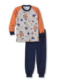Ensemble de pyjama deux pièces comprenant un haut gris avec des manches oranges et des motifs sur le thème du hockey, associé à un pantalon bleu marine. Poignets doux et élastiques.