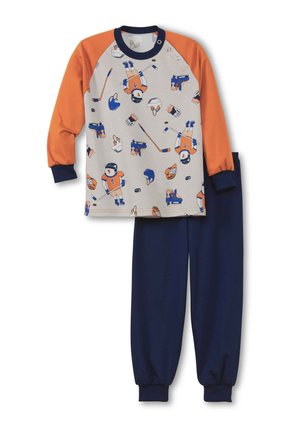Zweiteiliges Schlafanzug-Set mit einem grauen Oberteil und orangefarbenen Ärmeln sowie Hockey-Motiven, kombiniert mit marineblauen Hosen. Weiche, elastische Bündchen.