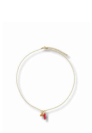 Delicate gold chain necklace with small round clasp and two pendants: one gold bead and one vertical red bead cluster.