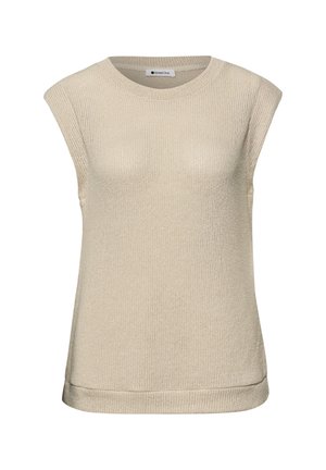 Top beige sans manches en tricot avec col rond et épaules légèrement rembourrées, étiqueté "Street One", présenté sur un fond blanc.